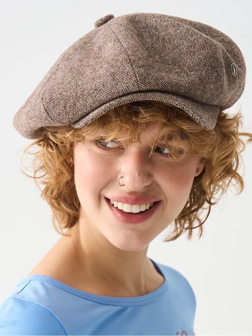 JOJOKUR designer Brown Herringbone Wool Newsboy Cap Baker Boy Hat M